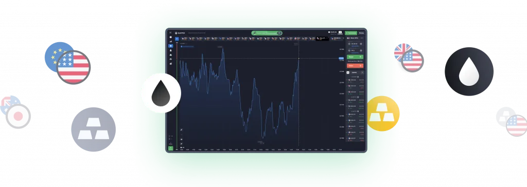 Quotex platform showing currency, crypto and commodity assets
